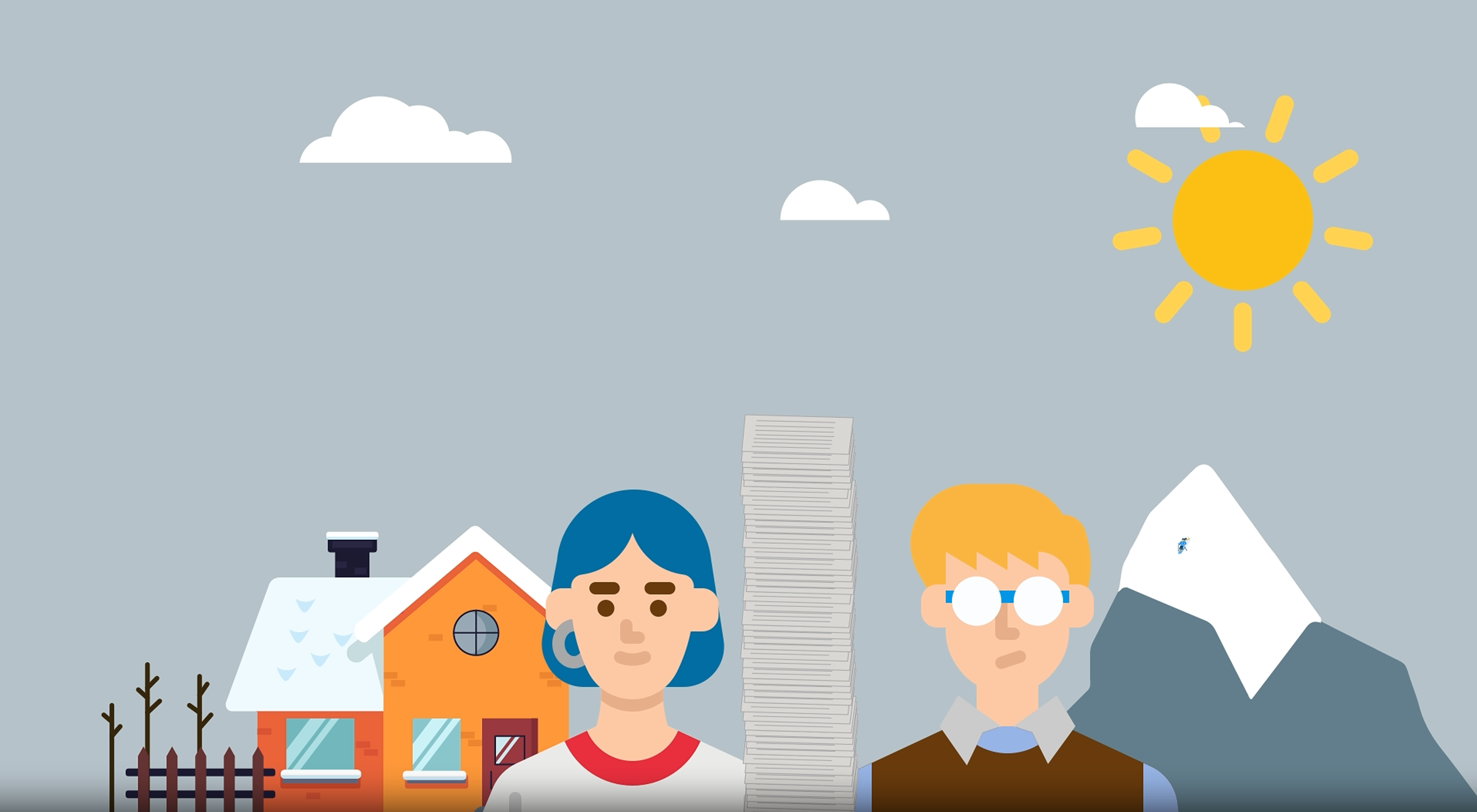 Screenshot of Illustration of the Video showing two people and a growing mountain of papers